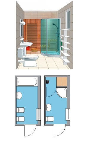 В існуючій ванній кімнаті замість ванни можна встановити дві кабінки - душ і сауну   Ще один варіант заміни ванни в міській квартирі на готову кабінку - відразу душ і сауну разом, розмір в плані 200х130 см