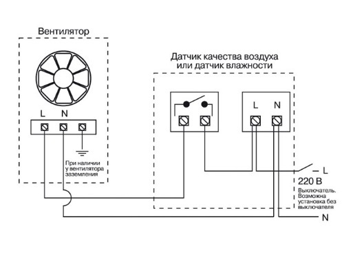 На наступному малюнку показана схема, яка допоможе вам встановити витяжний вентилятор, обладнаний датчиками