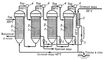 Схема багатокамерного електродіалізним опріснювача: 1 - анод;  2 - катод;  3 - аніонітових мембрана;  4 - катіонітових мембрана;  В - опріснювати вода;  Р - розсіл
